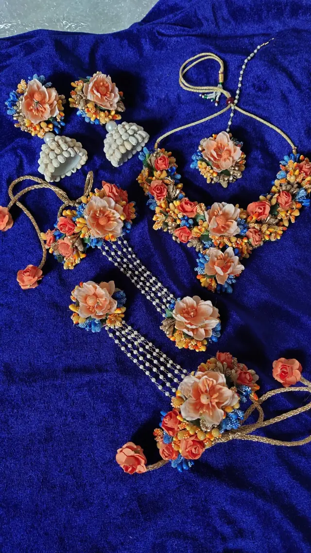 Blue and orange beautiful Flower Jewellery set