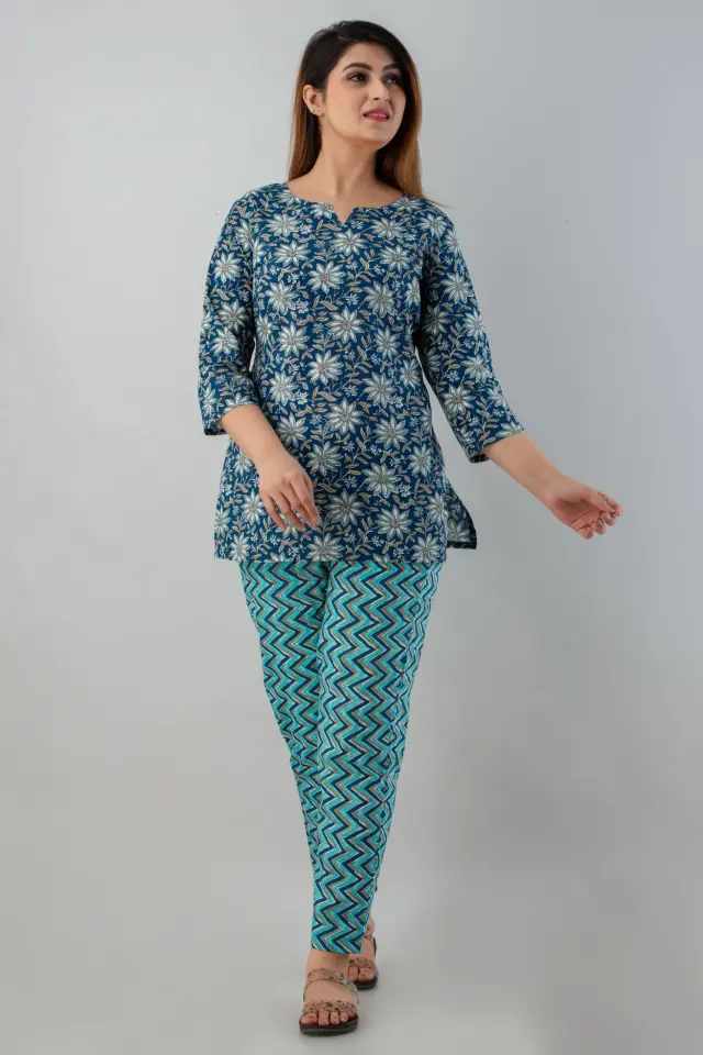 Buy cotton printed flower blue night suit for ladies