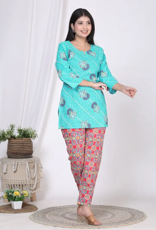 Turquoise Blue Bandej Printed Night Suit