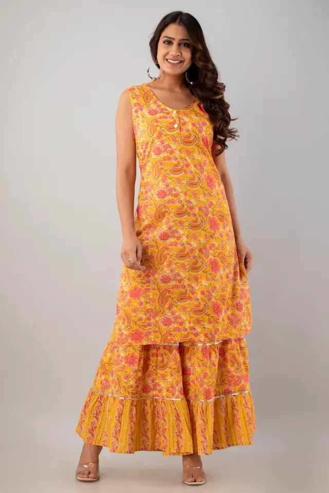 Orange Floral Print Cotton Sleeveless Kurta with Sharara Set
