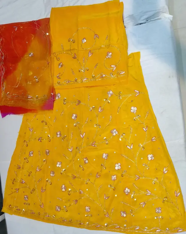 Handwork on Natural Crep with Thakurji pure shaded odhna (Yellow Colour)