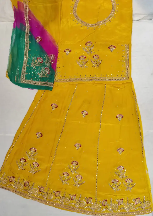 Handwork on Natural Crep with Thakurji pure shaded odhna (Yellow Colour) 
