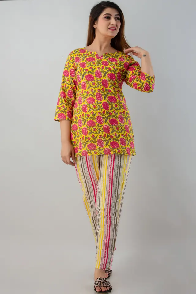 Cotton Red- Yellow Flower Printed Night Suit