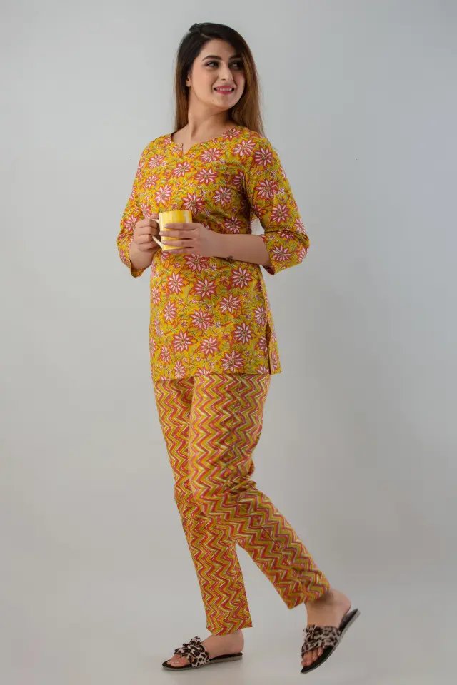 Cotton Printed Yellow Night Suit