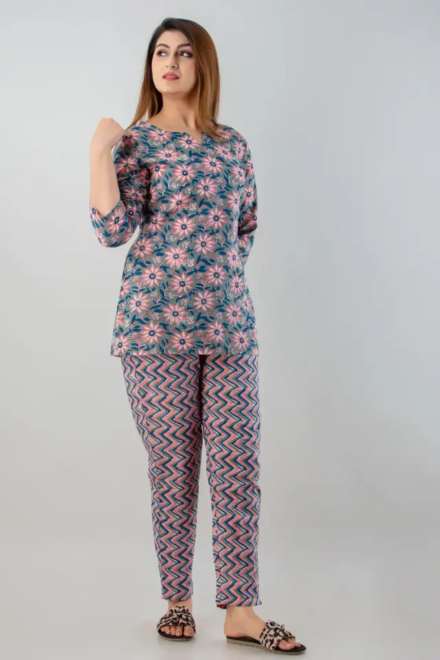 Cotton Pink Flower Printed Night Suit