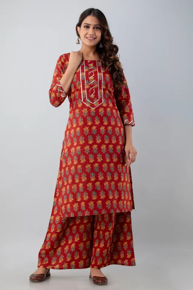 Red Floral Print Cotton Sharara Dress