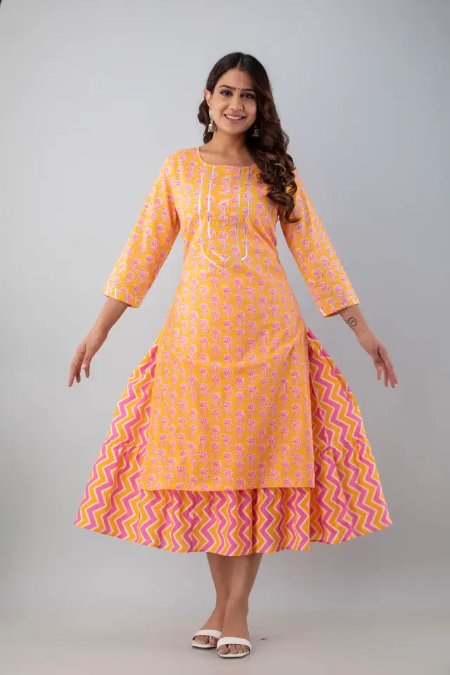 Orange Booti Printed Cotton Kurta With Skirt