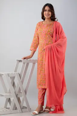 Cotton Printed Rose Pink Kurta Set