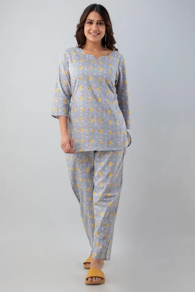 Cotton Printed Grey Night Suit