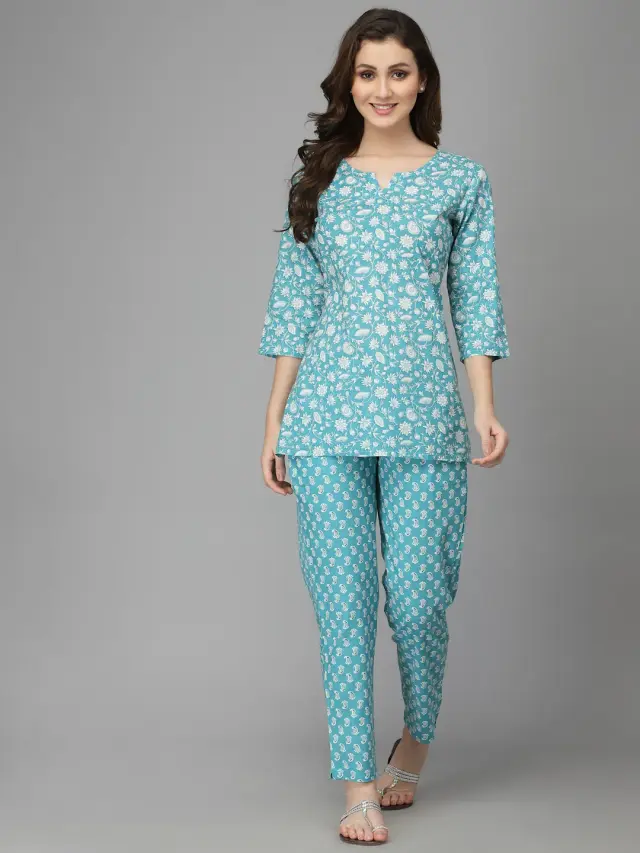 Aqua Blue Floral Print Night Suits