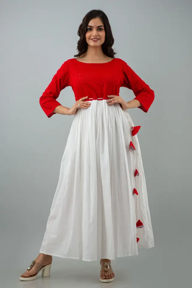 Women's Cotton Flared Red and white Dress