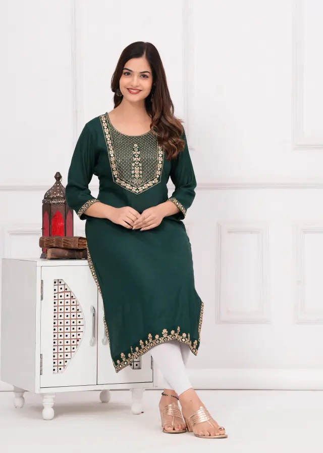 Women Embroidered Viscose Rayon Straight Green Kurta