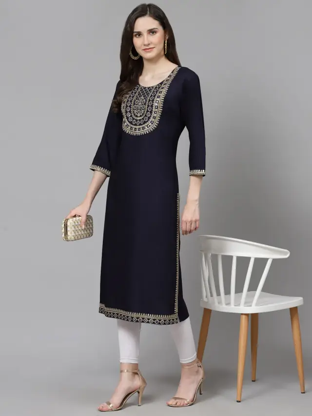 Women Embroidered Tree Rayon Straight Kurta 