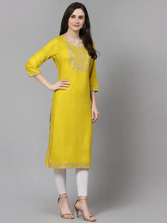 Women Embroidered Tree Rayon Straight Yellow Kurta 