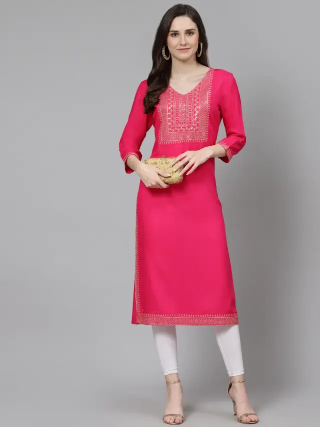 Women Embroidered Rayon Straight Pink Kurta