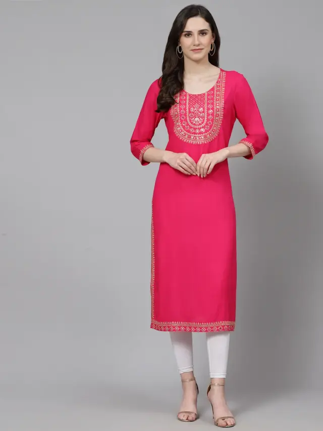 Women Embroidered Tree Rayon Straight Pink Kurta 