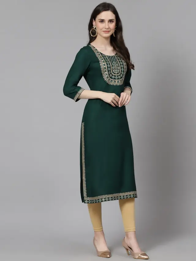 Women Embroidered Tree Rayon Straight Green Kurta 