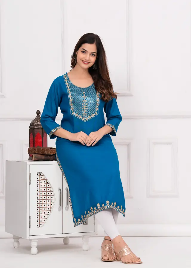 Women Embroidered Viscose Rayon Straight Blue Kurta