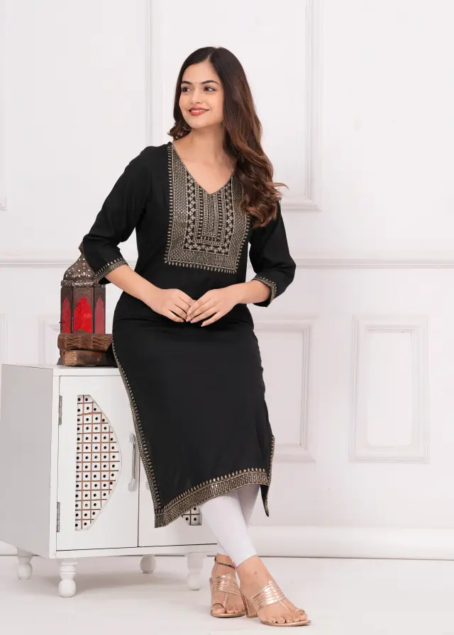 Women Embroidered Rayon Straight Black Kurta