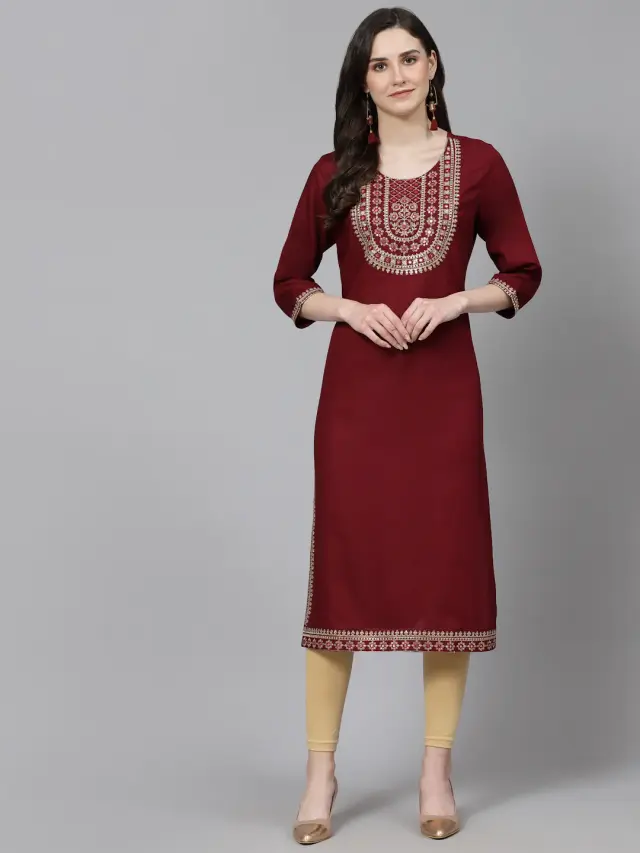 Women Embroidered Tree Rayon Straight Maroon Kurta 