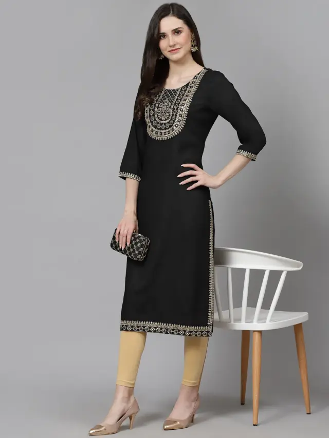 Women Embroidered Tree Rayon Straight Black Kurta