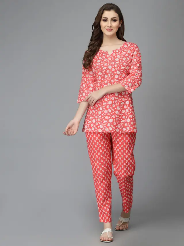 Red Floral Print Night Suits For Women