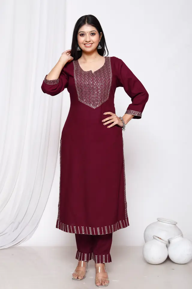 Wine Rayon Embroidered Kurta Sets