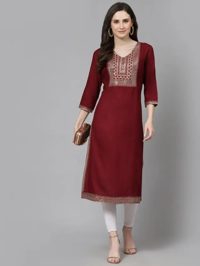 Women Embroidered Rayon Straight Maroon Kurta