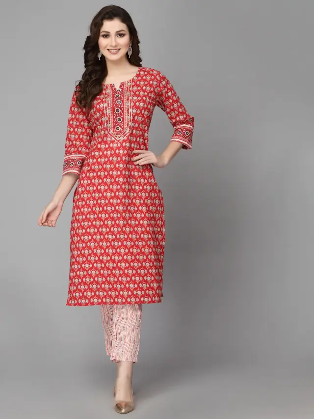 Red Blossom Kurta Set For Women