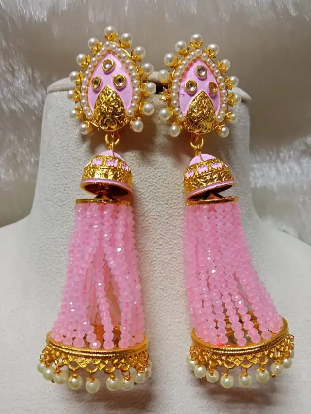 Pink jhumki with glass beads