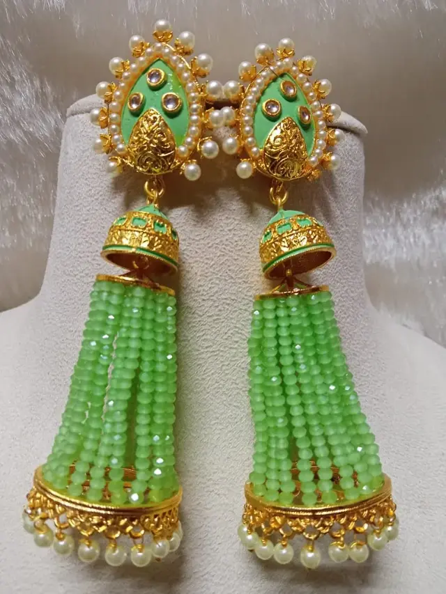 Green jhumki with glass beads