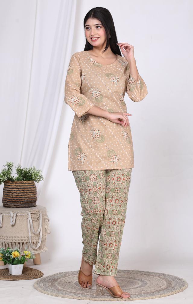 Women Top & Pyjama Set Mehendi color Floral Print