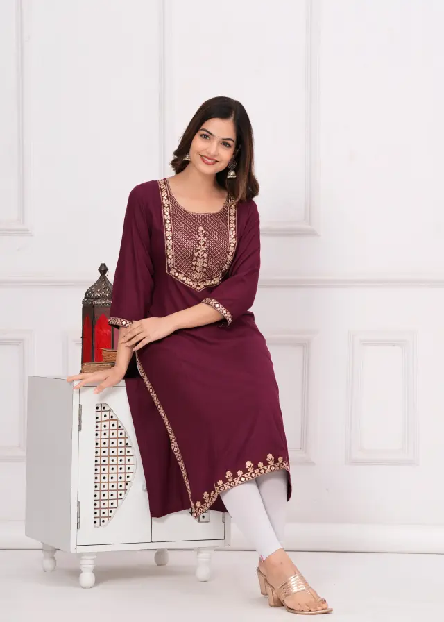 Women Embroidered Viscose Rayon Straight Kurta