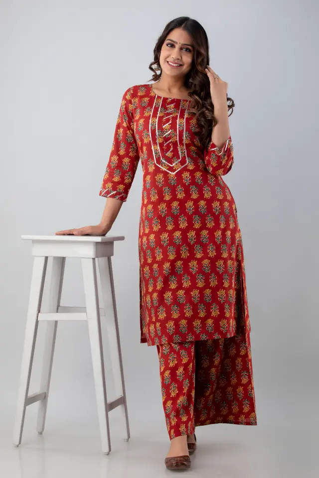 Buy Red Floral Print Cotton Sharara Dress