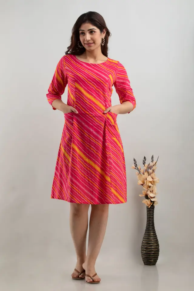 Buy Cotton Pink Lehariya dress for girls