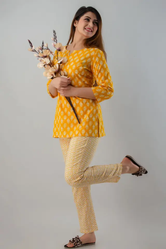 Cotton Booti Printed Yellow Night Suits Online India