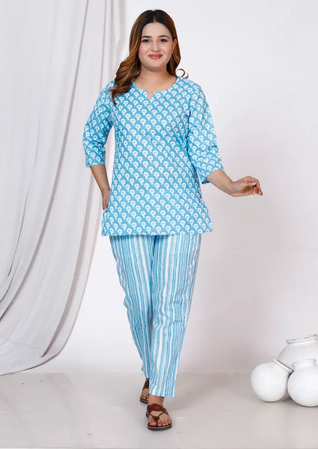 Women Top & Pyjama Set Blue Printed