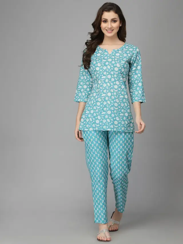 Aqua Blue Floral Print Cotton Night Suits for Women