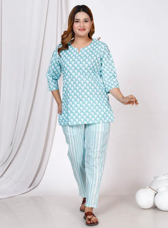 Women Top & Pyjama Set Light Blue Printed