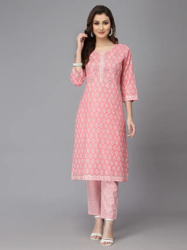 Pink Cotton Kurta Set for Women