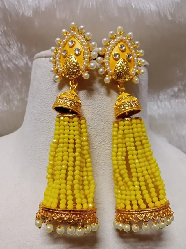 Buy Yellow jhumki with glass cutting beads