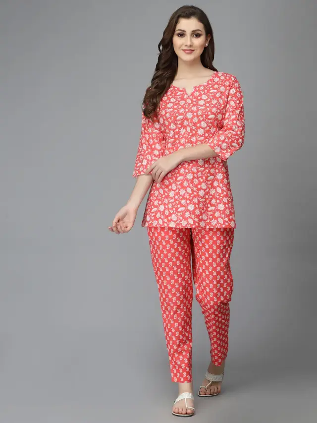 Red Floral Print Night Suits for Women