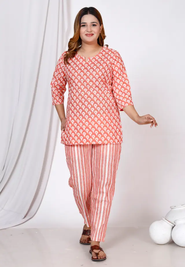 Women Top & Pyjama Set Orange Printed
