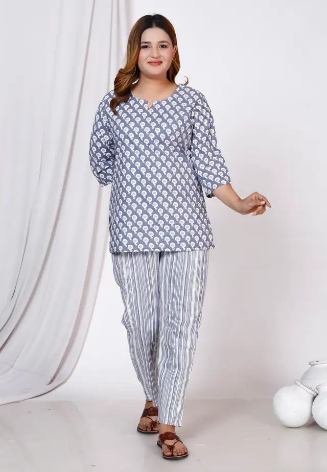 Women Top & Pyjama Set Grey Printed