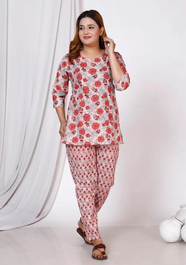 Women Top & Pyjama Set Red Rose Printed