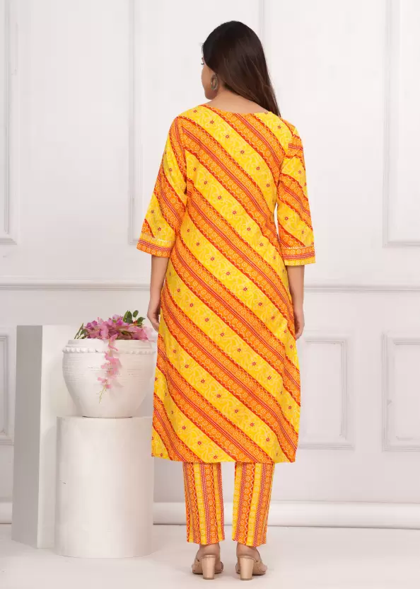 Women Pure Cotton Orange Kurta Pant Dupatta Set