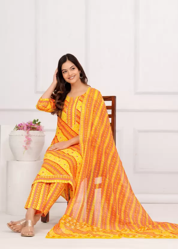 Women Pure Cotton Orange Kurta Pant Dupatta Set