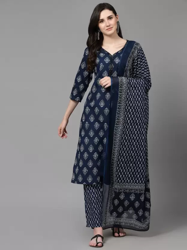 Blue Women Pure Cotton Kurta Pant Dupatta Set