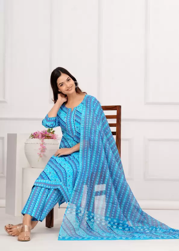 Women Pure Cotton Blue Kurta Pant Dupatta Set