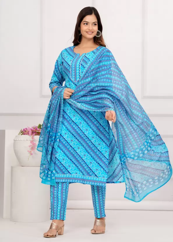 Women Pure Cotton Blue Kurta Pant Dupatta Set